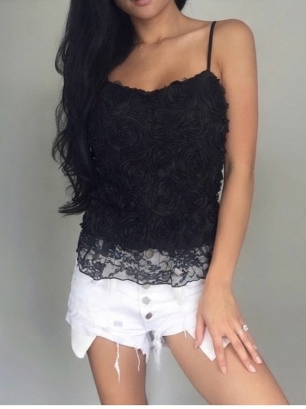 Black Floral Lace Spaghetti Strap Slightly Crop Top